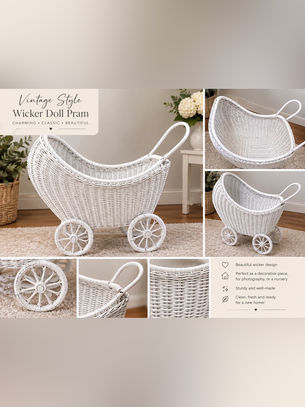 Handcrafted White Wicker Doll Pram by